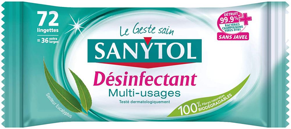 Lingettes désinfectantes multi-usages Sanytol 94 % végétal